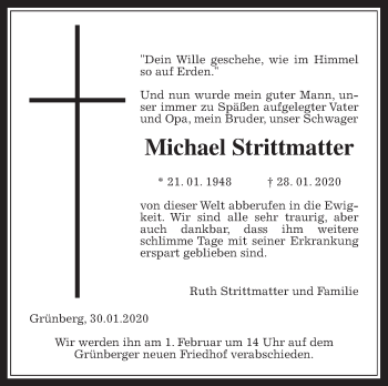 Traueranzeige von Michael Strittmatter von Wetterauer Zeitung, Giessener Allgemeine, Alsfelder Allgemeine