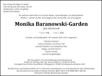 Traueranzeige von Monika Baranowski-Garden von Giessener Allgemeine, Alsfelder Allgemeine