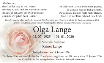 Traueranzeige von Olga Lange von Giessener Allgemeine, Alsfelder Allgemeine