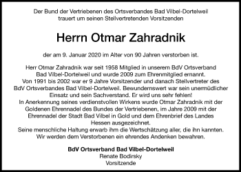 Traueranzeige von Otmar Zahradnik von Bad Vilbel/Karben