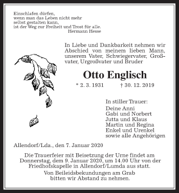 Traueranzeige von Otto Englisch von Giessener Allgemeine, Alsfelder Allgemeine