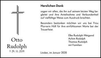 Traueranzeige von Otto Rudolph von Giessener Allgemeine, Alsfelder Allgemeine