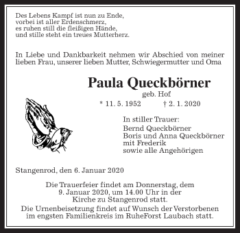 Traueranzeige von Paula Queckbörner von Alsfelder Allgemeine, Giessener Allgemeine