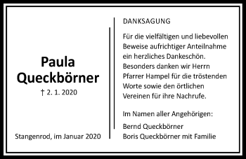 Traueranzeige von Paula Queckbörner von Giessener Allgemeine, Alsfelder Allgemeine