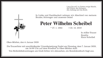 Traueranzeige von Peter Wilhelm Scheibel von Wetterauer Zeitung