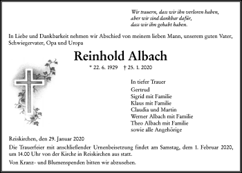 Traueranzeige von Reinhold Albach von Giessener Allgemeine, Alsfelder Allgemeine