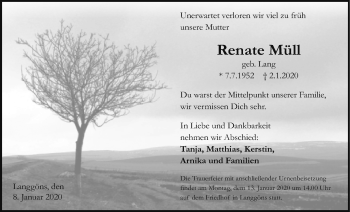 Traueranzeige von Renate Müll von Giessener Allgemeine, Alsfelder Allgemeine