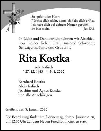 Traueranzeige von Rita Kostka von Giessener Allgemeine, Alsfelder Allgemeine