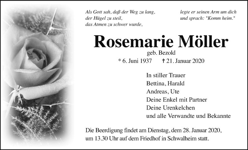  Traueranzeige für Rosemarie Möller vom 25.01.2020 aus Wetterauer Zeitung