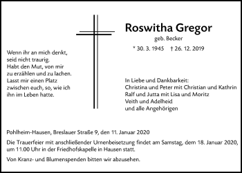 Traueranzeige von Roswitha Gregor von Giessener Allgemeine, Alsfelder Allgemeine