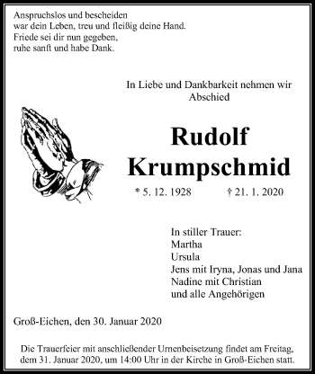 Traueranzeige von Rudolf Krumpschmid von Giessener Allgemeine, Alsfelder Allgemeine