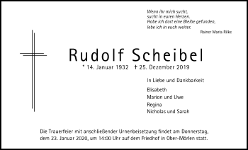 Traueranzeige von Rudolf Scheibel von Wetterauer Zeitung