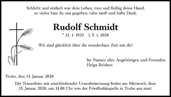 Traueranzeige von Rudolf Schmidt von Giessener Allgemeine, Alsfelder Allgemeine