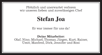Traueranzeige von Stefan Joa von Wetterauer Zeitung