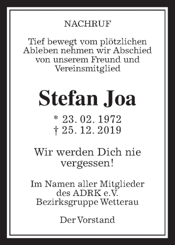 Traueranzeige von Stefan Joa von Wetterauer Zeitung