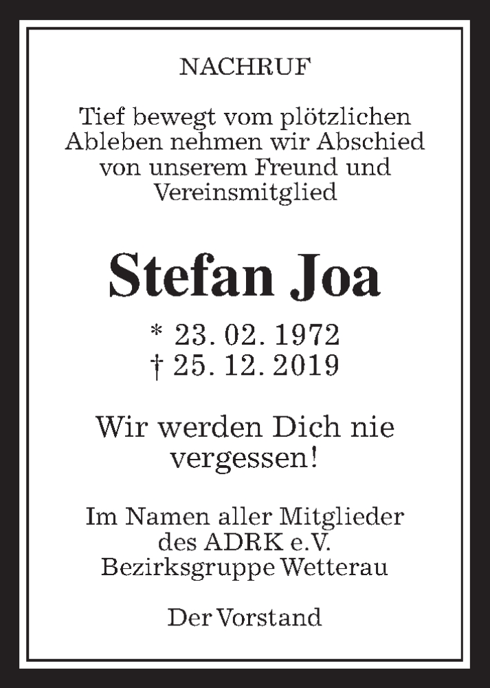  Traueranzeige für Stefan Joa vom 11.01.2020 aus Wetterauer Zeitung