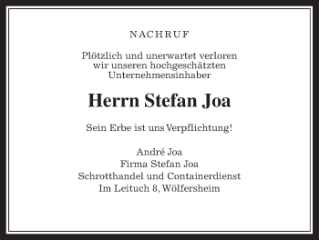 Traueranzeige von Stefan Joa von Wetterauer Zeitung