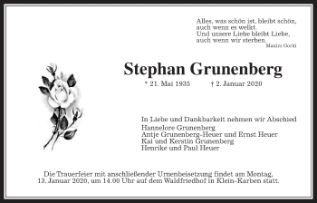Traueranzeige von Stephan Grunenberg von Wetterauer Zeitung
