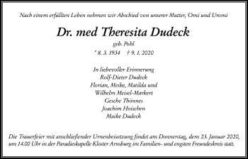 Traueranzeige von Theresita Dudeck von Giessener Allgemeine, Alsfelder Allgemeine