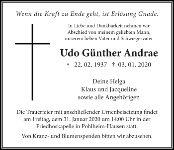 Traueranzeige von Udo Günther Andrae von Giessener Allgemeine, Alsfelder Allgemeine