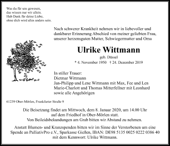 Traueranzeige von Ulrike Wittmann von Wetterauer Zeitung