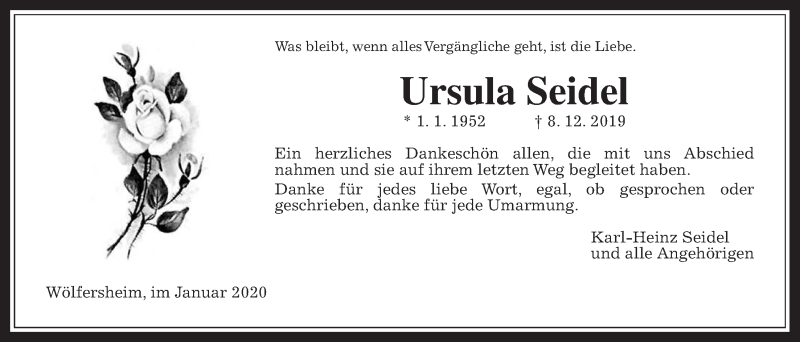  Traueranzeige für Ursula Seidel vom 11.01.2020 aus Wetterauer Zeitung