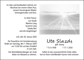 Traueranzeige von Ute Slazds von Licher Wochenblatt