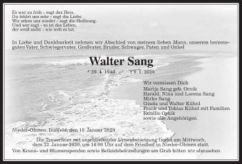 Traueranzeige von Walter Sang von Giessener Allgemeine, Alsfelder Allgemeine