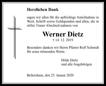 Traueranzeige von Werner Dietz von Giessener Allgemeine, Alsfelder Allgemeine