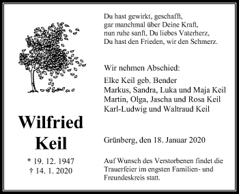 Traueranzeige von Wilfried Keil von Giessener Allgemeine, Alsfelder Allgemeine