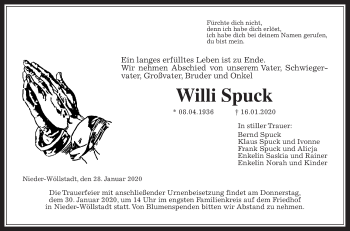 Traueranzeige von Willi Spuck von Wetterauer Zeitung