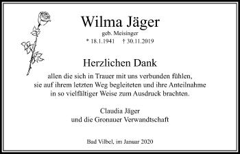 Traueranzeige von Wilma Jäger von Bad Vilbel/Karben