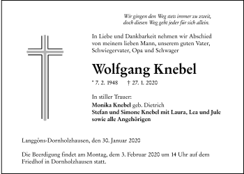 Traueranzeige von Wolfgang Knebel von Giessener Allgemeine, Alsfelder Allgemeine