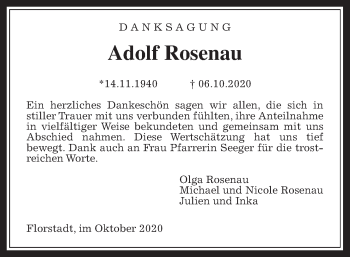 Traueranzeige von Adolf Rosenau von Wetterauer Zeitung