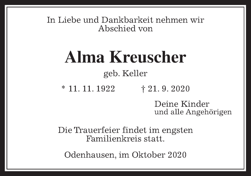  Traueranzeige für Alma Kreuscher vom 01.10.2020 aus Rabenauer Zeitung