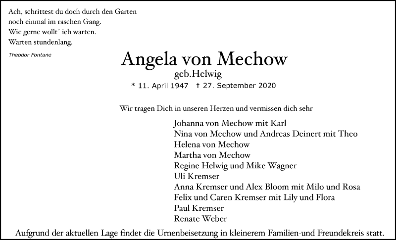  Traueranzeige für Angela von Mechow vom 02.10.2020 aus Giessener Allgemeine, Alsfelder Allgemeine
