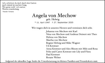 Traueranzeige von Angela von Mechow von Laubacher Anzeiger