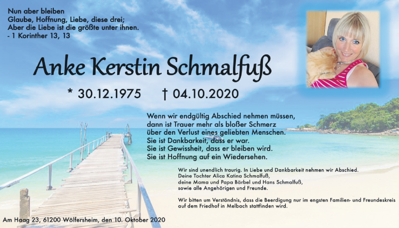  Traueranzeige für Anke Kerstin Schmalfuß vom 10.10.2020 aus Wetterauer Zeitung