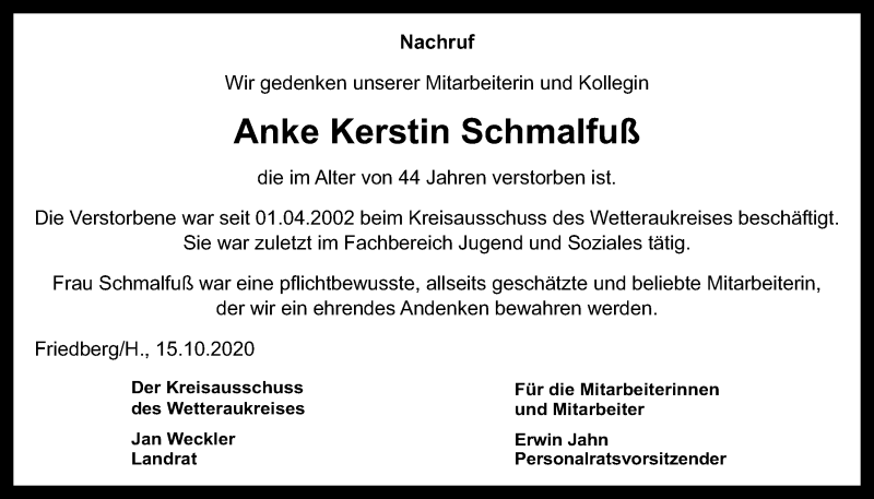  Traueranzeige für Anke Kerstin Schmalfuß vom 15.10.2020 aus Wetterauer Zeitung