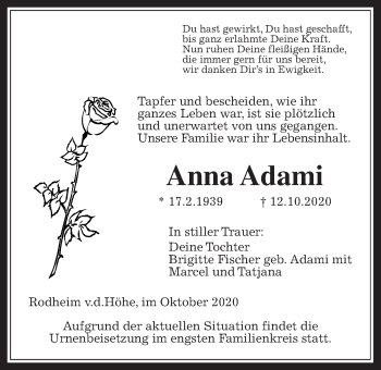 Traueranzeige von Anna Adami von Wetterauer Zeitung