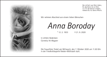 Traueranzeige von Anna Boroday von Wetterauer Zeitung