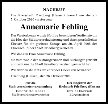 Traueranzeige von Annemarie Fehling von Wetterauer Zeitung