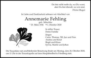 Traueranzeige von Annemarie Fehling von Wetterauer Zeitung