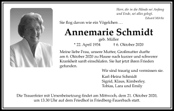 Traueranzeige von Annemarie Schmidt von Wetterauer Zeitung
