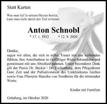 Traueranzeige von Anton Schnobl von Giessener Allgemeine, Alsfelder Allgemeine