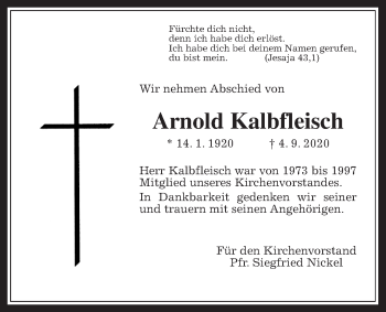 Traueranzeige von Arnold Kalbfleisch von Wetterauer Zeitung
