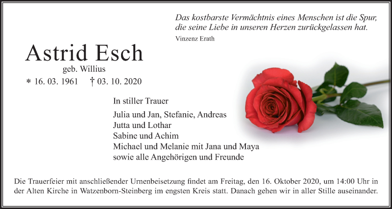  Traueranzeige für Astrid Esch vom 15.10.2020 aus Pohlheimer Nachrichten