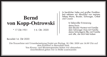 Traueranzeige von Bernd von Kopp-Ostrowski von Giessener Allgemeine, Alsfelder Allgemeine
