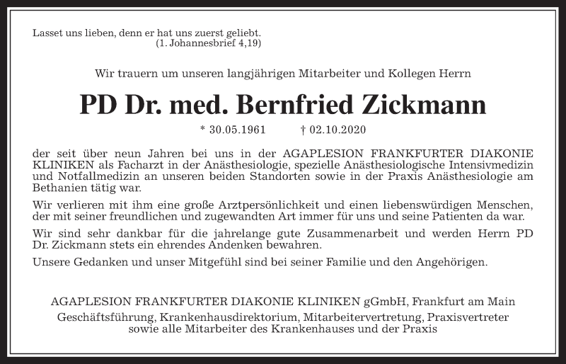 Traueranzeige für Bernfried Zickmann vom 10.10.2020 aus Wetterauer Zeitung
