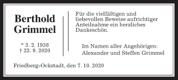 Traueranzeige von Berthold Grimmel von Wetterauer Zeitung
